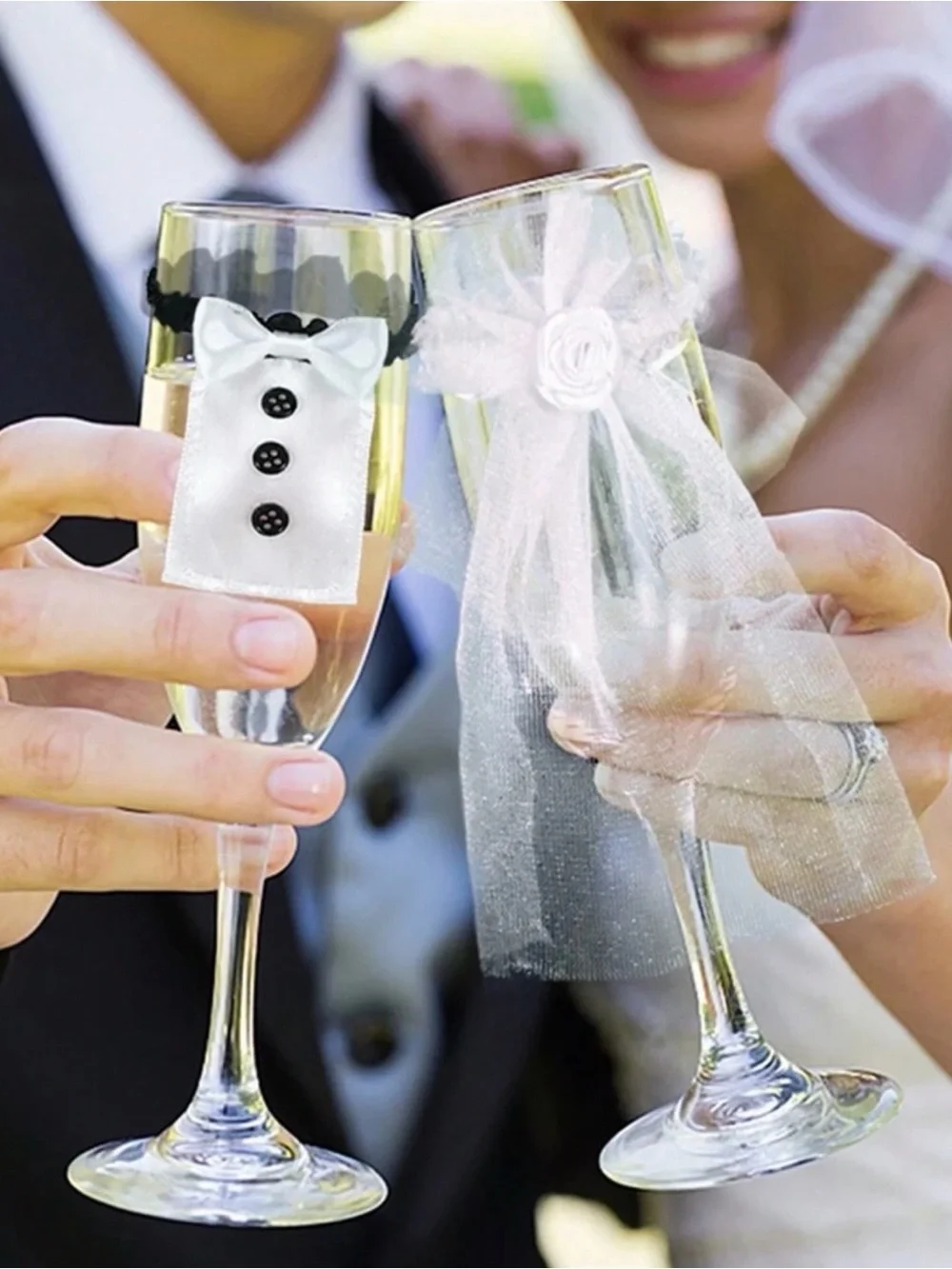 Wedding Champagne Flute Decorations - White Bride & Groom Glass Charms